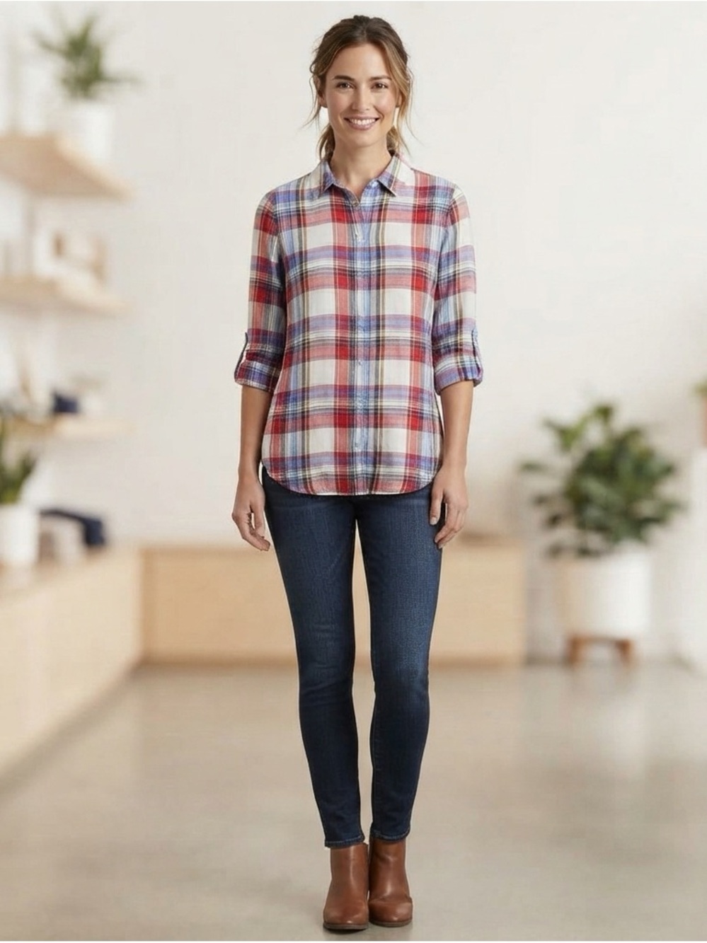 💙 Chelsea & Theodore Plaid Button-Down Shirt in Red, Blue & White 💙